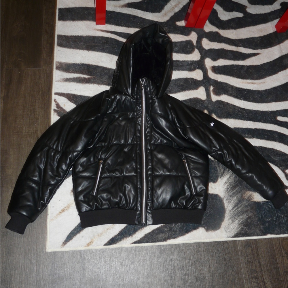 Black Faux Leather Fur Hooded Puffer Jacket